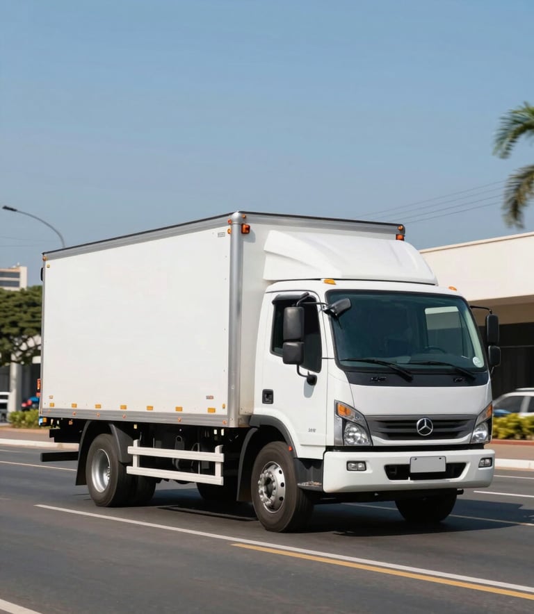 A medium-duty white delivery truck driving through a clean, modern metropolitan street in Brazil, bright daylight, professional appearance, sky blue sky background, side view showing agility.