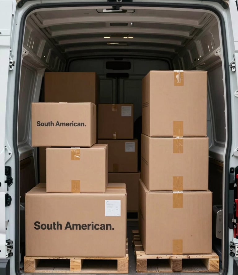 Inside a clean cargo hold of a delivery vehicle, organized boxes secured for transport, soft lighting, professional South American logistics environment.