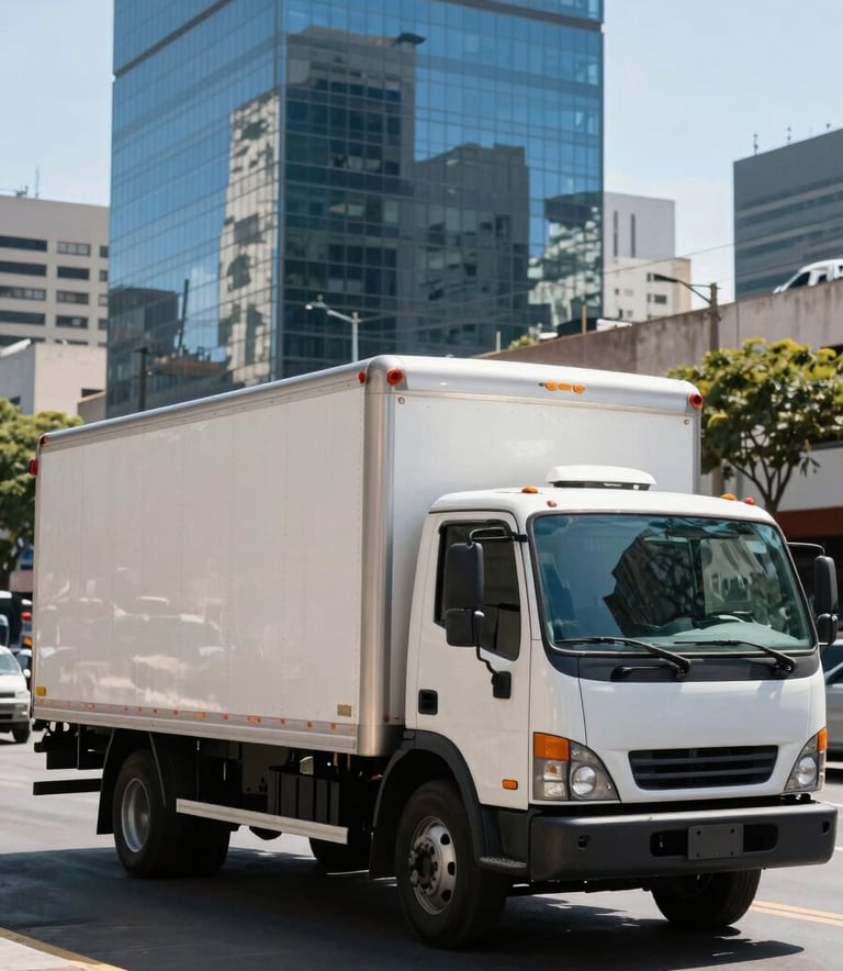A wide angle shot of a clean, modern delivery truck parked in a South American urban business district, clear bright sky, professional photography, reflections of blue buildings on the truck surface.