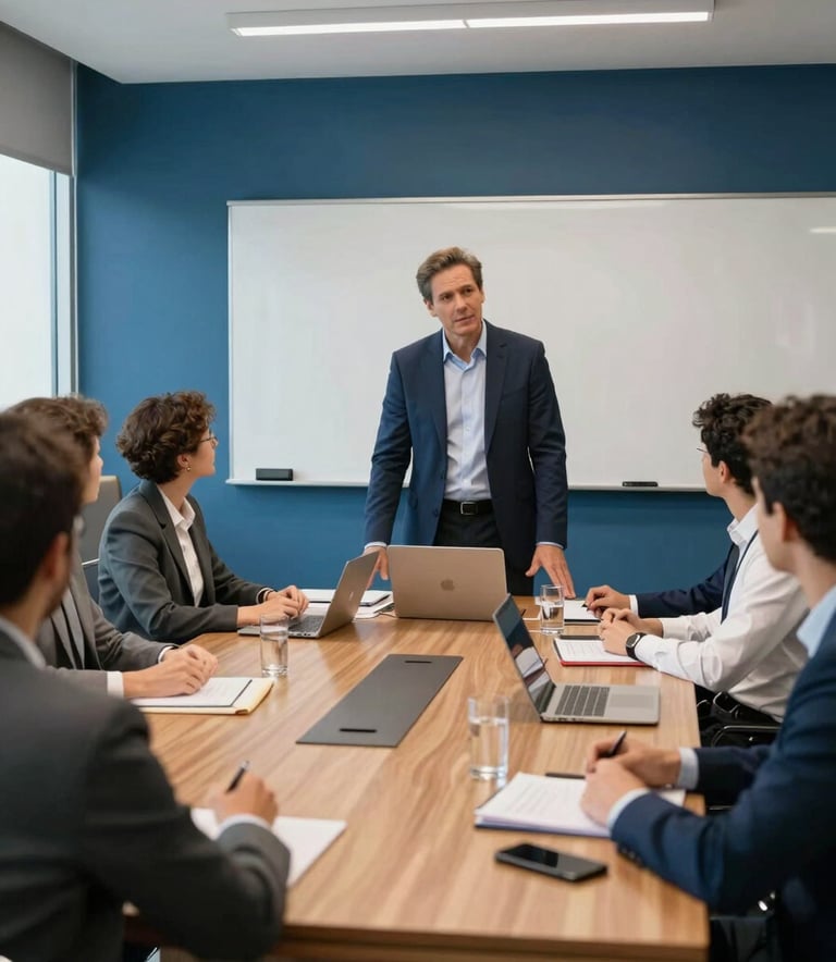 A professional in business attire leading a collaborative session in a modern Brazilian boardroom, medium blue accents in the decor, clean and intuitive workspace.