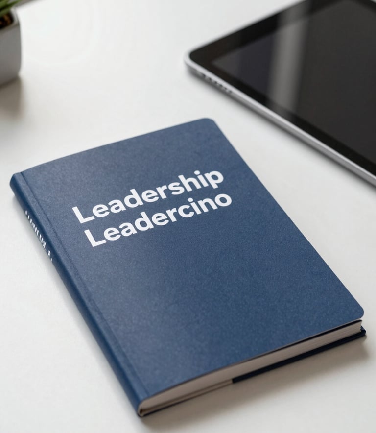 Close-up of a professional leadership handbook and a digital tablet on a clean minimalist desk, South American office setting, natural morning light, sophisticated atmosphere.