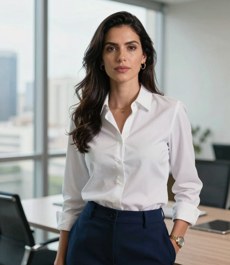 A professional portrait of a Brazilian executive woman in a bright, modern office in São Paulo, soft natural sunlight from large windows, professional attire, sophisticated and empowering atmosphere, palette incorporating ice white and dark blue.