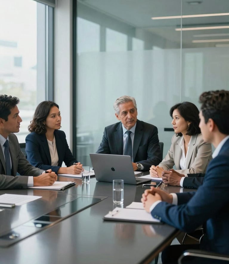 A group of diverse South American professionals engaged in a collaborative strategy meeting in a sleek, glass-walled boardroom, morning light reflecting off clean surfaces, steel blue and soft blue tones, professional and focused style.