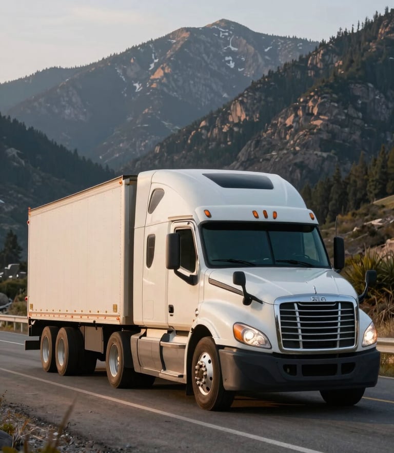 A powerful dry van semi-truck traveling through a scenic North American mountain pass at sunrise, captured from a low angle to show strength and efficiency, with off-white and dark navy colors.