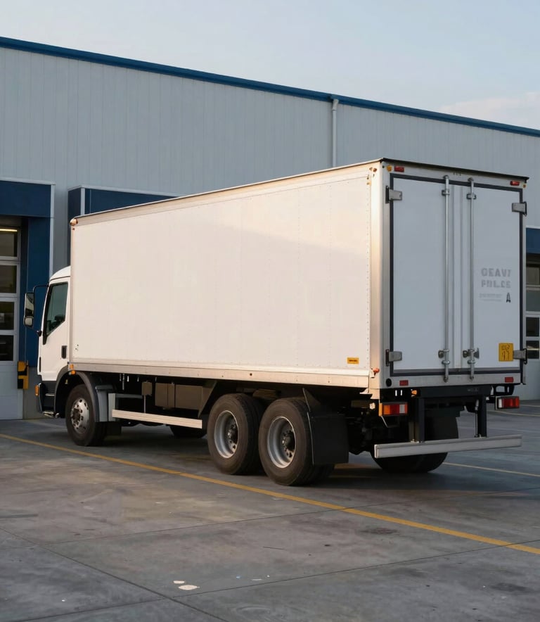 A clean, modern white reefer truck trailer parked at a logistics loading dock in a North American industrial park during the late afternoon, with soft golden lighting and steel blue accents.