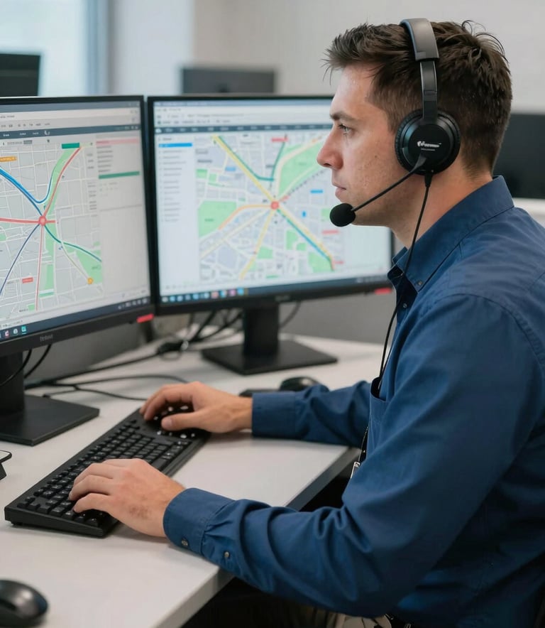 A professional North American dispatcher in a modern Irving, Texas office environment with dual monitors showing logistic route maps. Soft natural light, with a clean and efficient atmosphere using colors like steel blue and light gray.