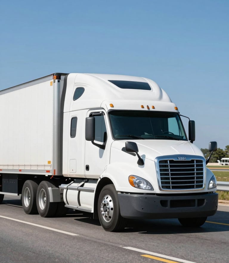 A high-quality photography shot of a clean, white semi-truck with a dry van trailer driving on a clear North American highway. Bright daylight, focusing on the movement and efficiency of logistics. Colors include navy and steel blue tones.
