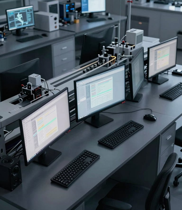 A high-angle, professional photograph of a modern tech laboratory with sleek dark slate grey workstations and glowing light grey monitors, representing technological advancement and precision.