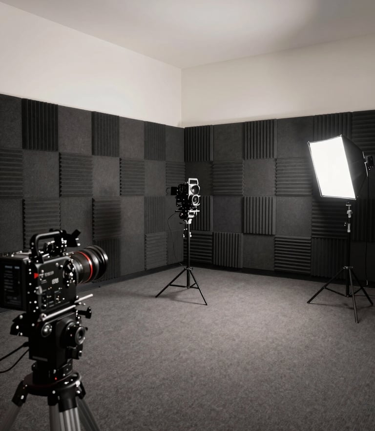 A professional wide shot of a modern media production studio in Los Angeles, featuring dark grey acoustic panels and high-end cinematic equipment under soft off-white lighting.