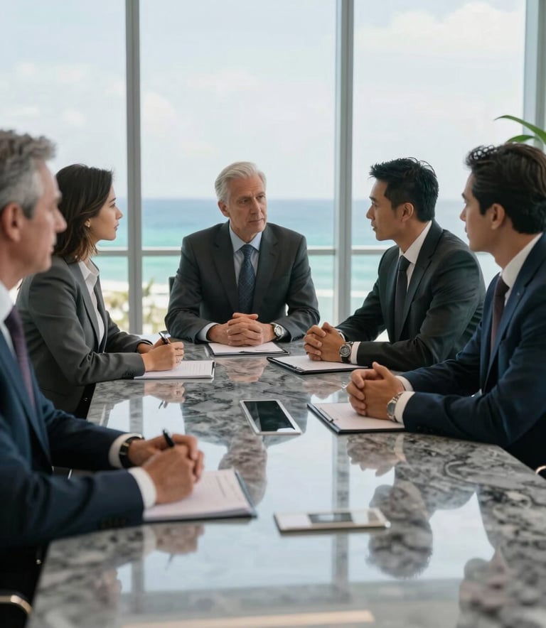 A sophisticated boardroom in Miami with a view of the ocean. The lighting is bright and natural, reflecting off a polished slate gray table. Discerning business professionals are seen in a candid, professional discussion, conveying modern sophistication and trustworthiness.