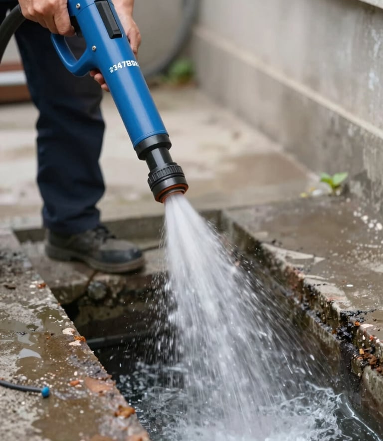 A high-pressure water jetting machine being used to clear a residential sewer line, dynamic water movement, professional and efficient atmosphere, brand colors #347BBF and #E07A5F subtly present.