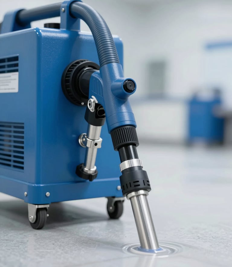 A high-tech industrial hydro-jetting machine used for professional pipe cleaning, showing high-pressure hoses and metallic components. The scene is bright and professional, highlighting modern technology. Colors include shades of #347BBF and #1A2F40.