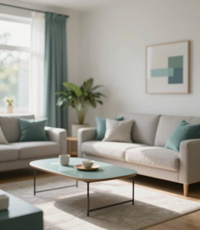A bright, impeccably clean residential living room with minimalist furniture, sun-drenched atmosphere, featuring subtle accents of #3F6C7D and #A8D0DB in the decor, reflecting a modern and trustworthy home environment.