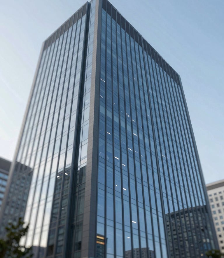 Wide-angle shot of a modern glass office building facade under a clear sky, symbolizing large-scale commercial cleaning excellence, with tones of #1A202C and #A8D0DB.