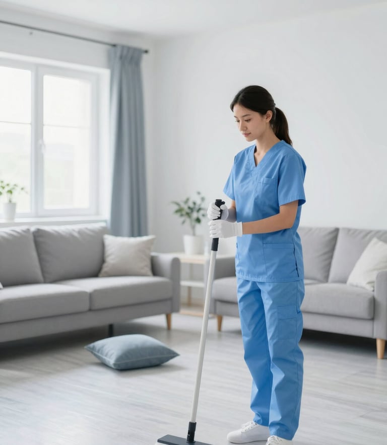 A wide, bright shot of a modern apartment living room after a professional cleaning service. The floor is sparkling, cushions are perfectly fluffed, and the air looks fresh. The color palette uses #F0F4F8 and #A8D0DB to create a serene, clean aesthetic.