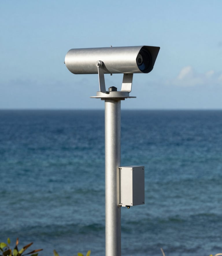 Photography of a modern silver weather monitoring station installed on a coast in New Caledonia, with the calm South Pacific ocean in the background, bright natural lighting, professional and clear.