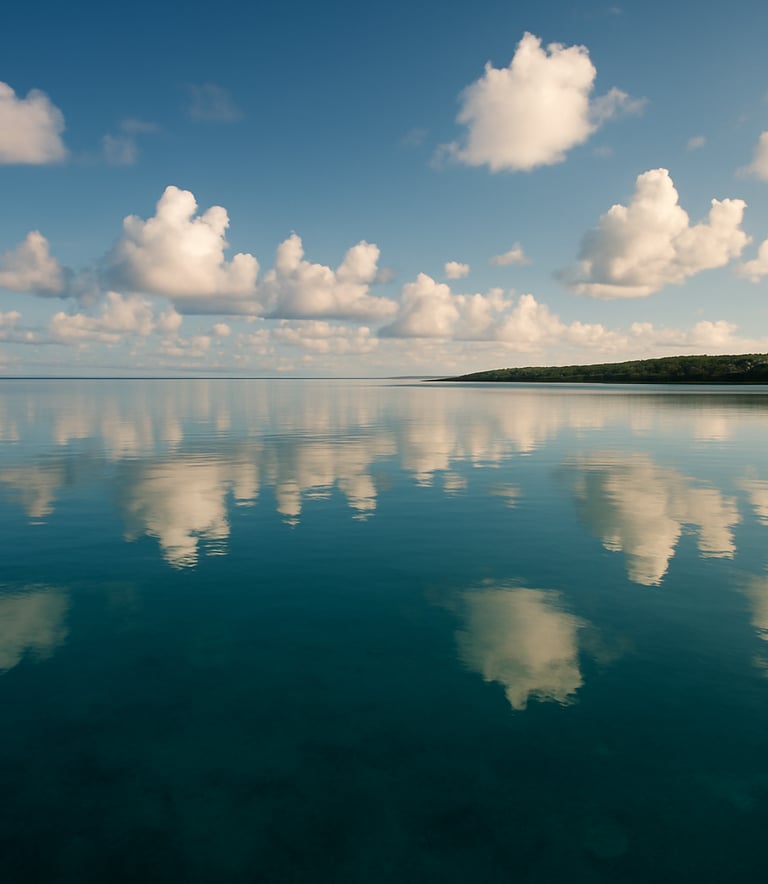 Panoramic view of the New Caledonian lagoon with soft white clouds reflecting in the calm, deep teal water, morning light, South Pacific serenity, wide angle.