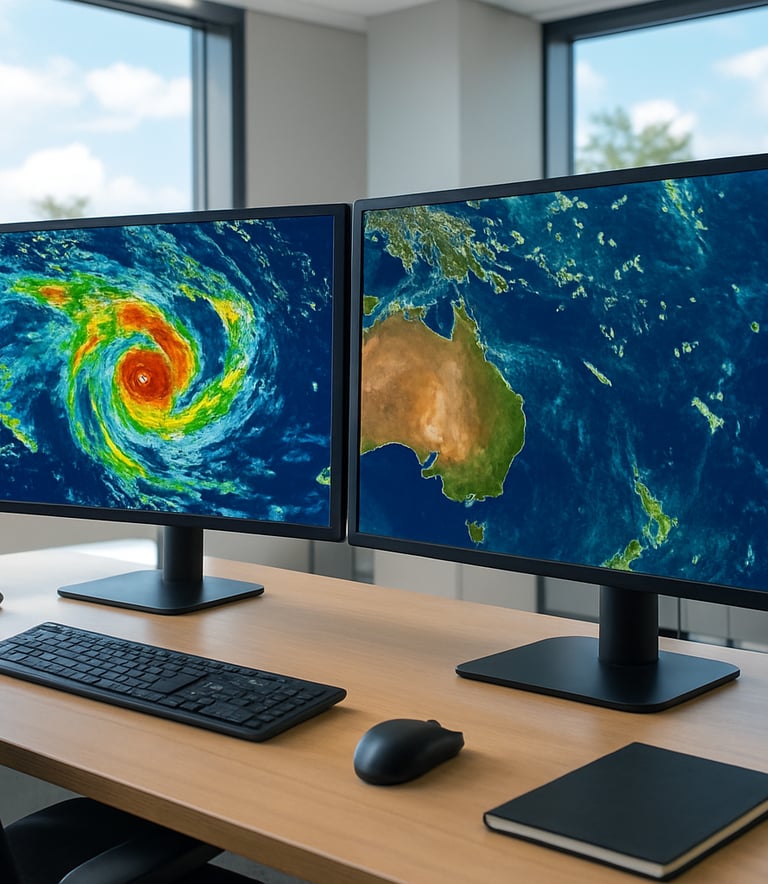 A professional meteorologist workstation in a modern New Caledonian office, showing large monitors with colorful satellite maps of the South Pacific, bright and airy atmosphere, high-end photography.