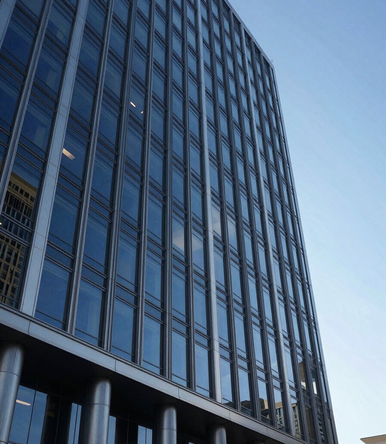 An exterior wide shot of a sleek, modern architectural building in a North American / US city financial district. The building features glass and steel with Midnight Blue reflections of the sky and Silver Grey structural accents, exuding trustworthiness.