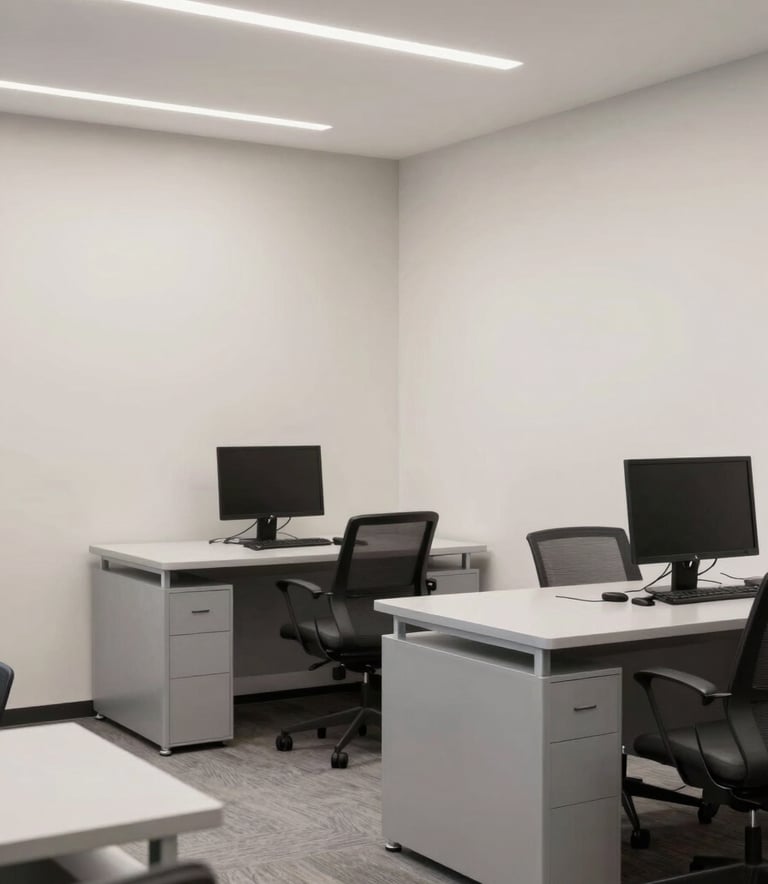 A clean, modern North American / US corporate office interior featuring soft off-white walls and silver grey furniture, professional and efficient atmosphere.