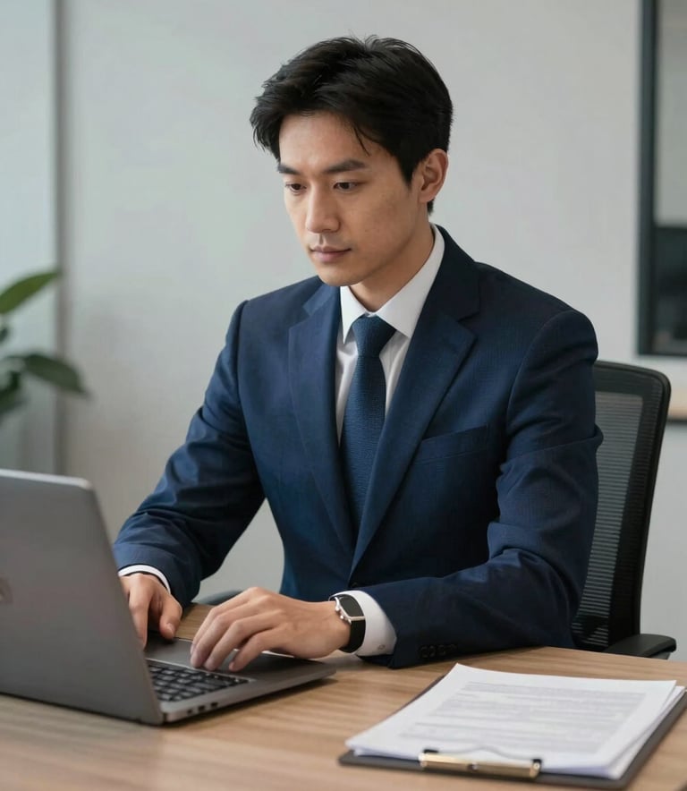 A professional individual in a North American / US corporate setting, focused on a clean and minimalist workspace, lighting highlighting deep slate and midnight blue textures, sharp and sophisticated photography.