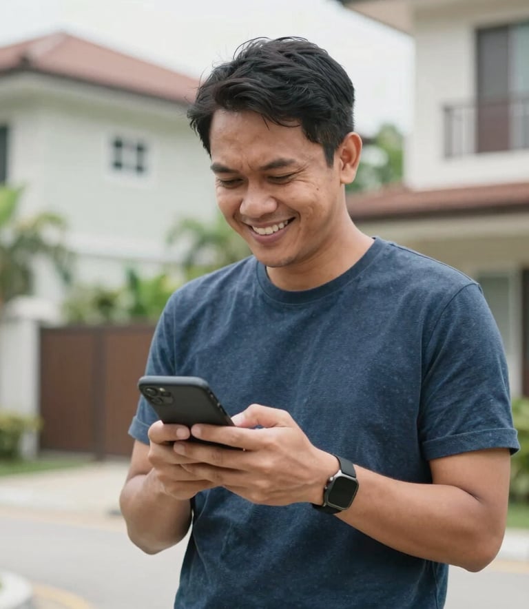 A smiling Southeast Asian / Malaysian person in casual attire looking at their phone with a look of relief and happiness, standing in a bright outdoor residential area in Malaysia.