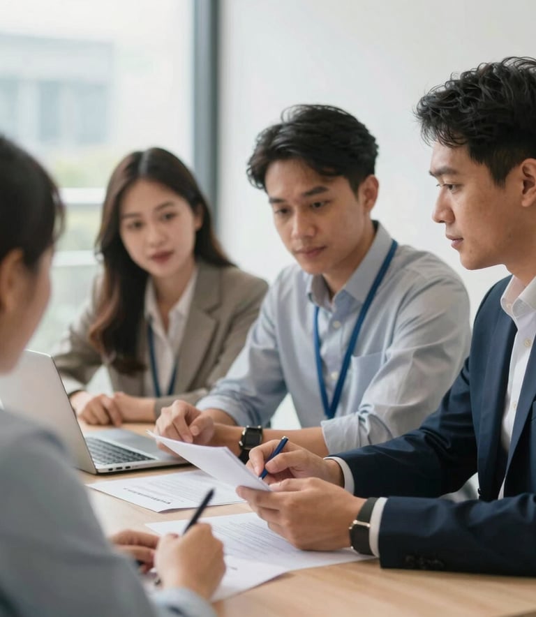 A group of professional Southeast Asian / Malaysian office workers in a collaborative setting, bright natural light, clean modern environment, focused on providing accessible financial services, photography style.