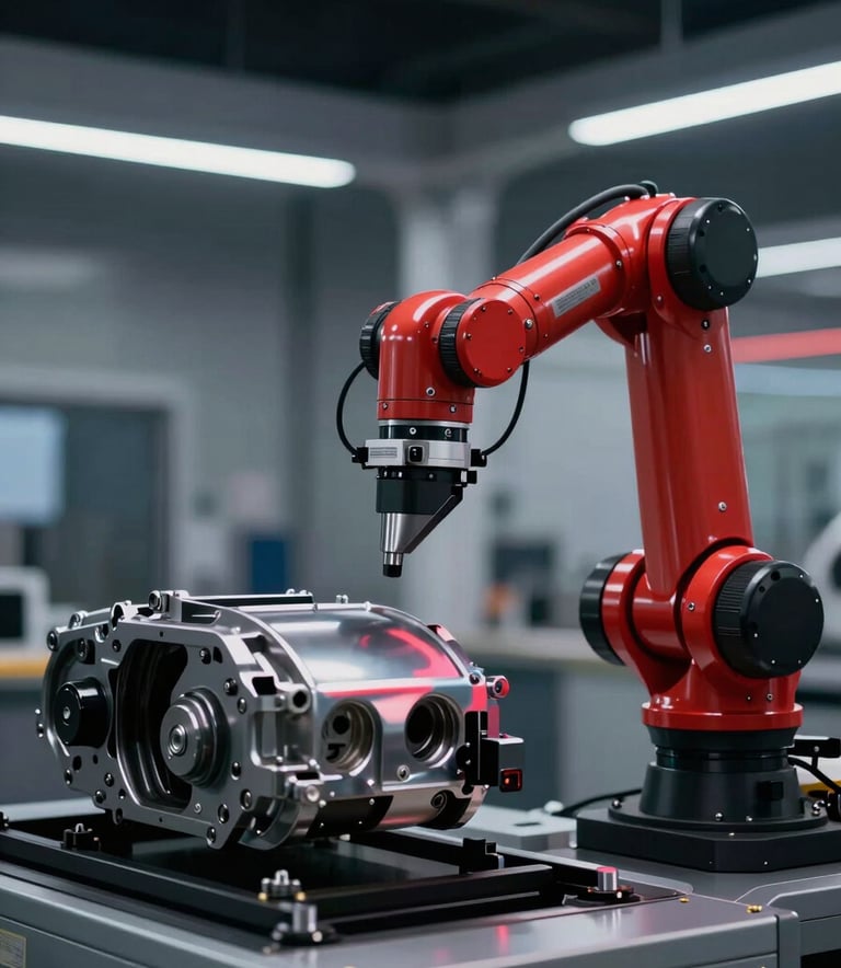 A sophisticated, high-tech quality inspection station in a modern automotive factory. A robotic sensor arm checks a metallic car part. Lighting is professional and cinematic with deep black shadows (#1A1A1A) and sharp crimson highlights (#A5002C) reflecting off the metal.