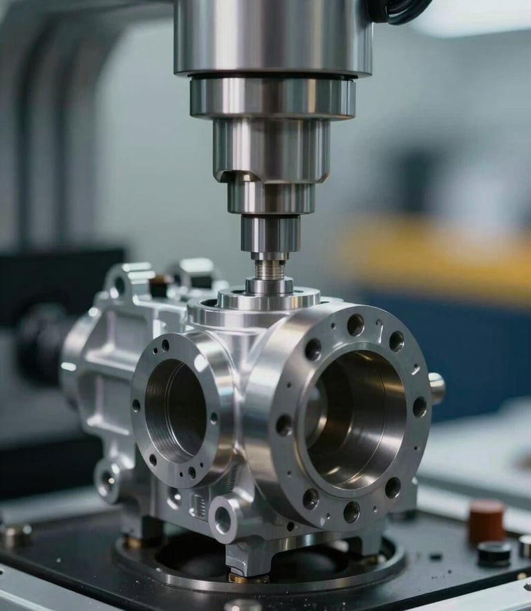 A close-up of a precision quality inspection process on a metallic engine part. Professional lighting, shallow depth of field, showcasing modern automotive technology with subtle #A5002C highlights in the background.
