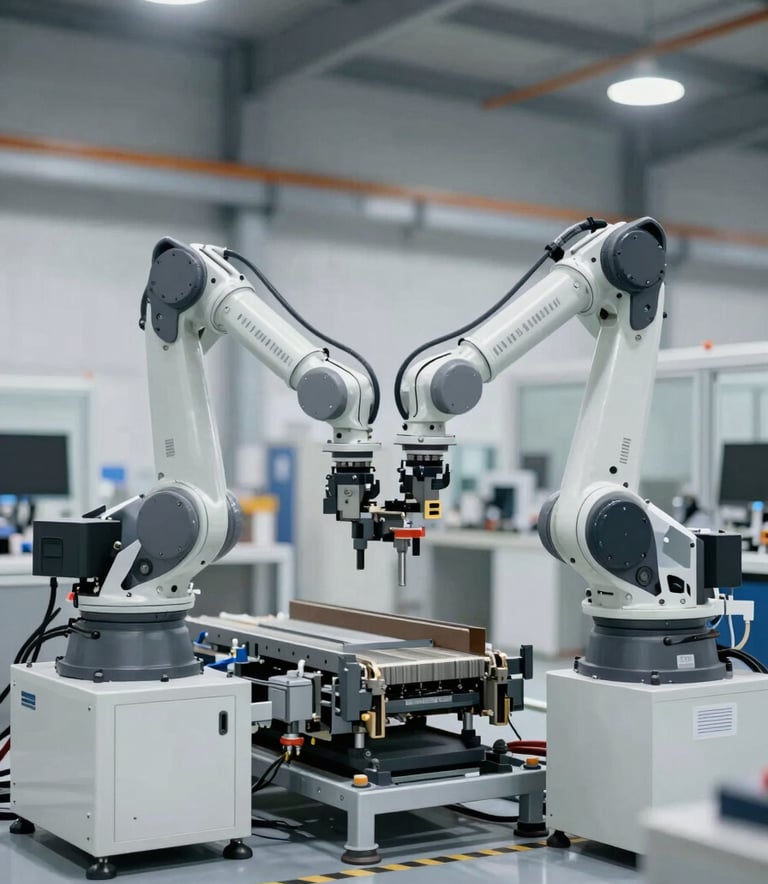 Industrial automotive environment with material sorting equipment. Sophisticated atmosphere, clean floor, robotic arms in action, incorporating the professional #1A1A1A and #F9F9F9 aesthetic.