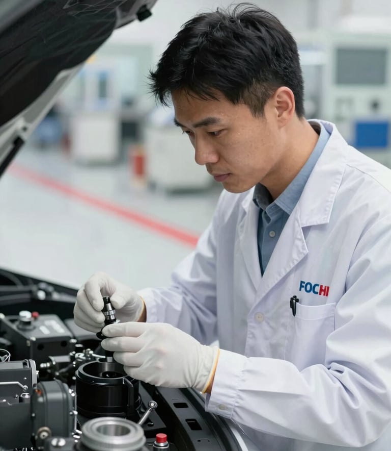 A professional quality inspector wearing white gloves and a branded uniform, meticulously examining automotive components. The setting is a clean, bright industrial facility (#F9F9F9) with crimson safety lines (#A5002C) on the floor.