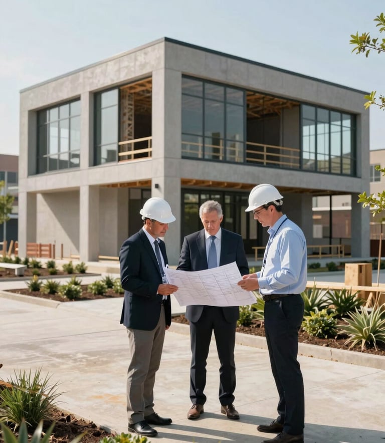 A clean, professional photograph of a new business development site in North Tulsa, Oklahoma. Architects and local leaders are reviewing blueprints together in front of a modern structure under construction. The lighting is crisp and clear morning light. The setting is urban and professional, featuring green landscaping.
