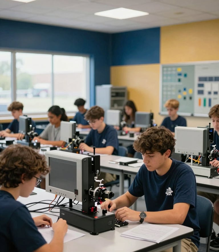 A professional photography shot of a high-tech vocational classroom in North Tulsa, Oklahoma. Students are engaged in hands-on learning with modern engineering equipment. The room is filled with bright, natural light, emphasizing a sense of hope and educational progress. Deep navy blue and goldenrod accents are visible in the room's interior design.