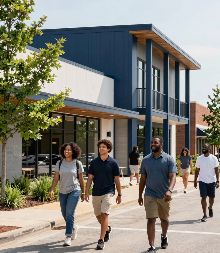 A vibrant street scene in North Tulsa, Oklahoma, showing a newly renovated community center with modern architectural details. People are walking by with expressions of hope and connection. The lighting is bright and optimistic, highlighting green landscaping and navy blue accents on the building.