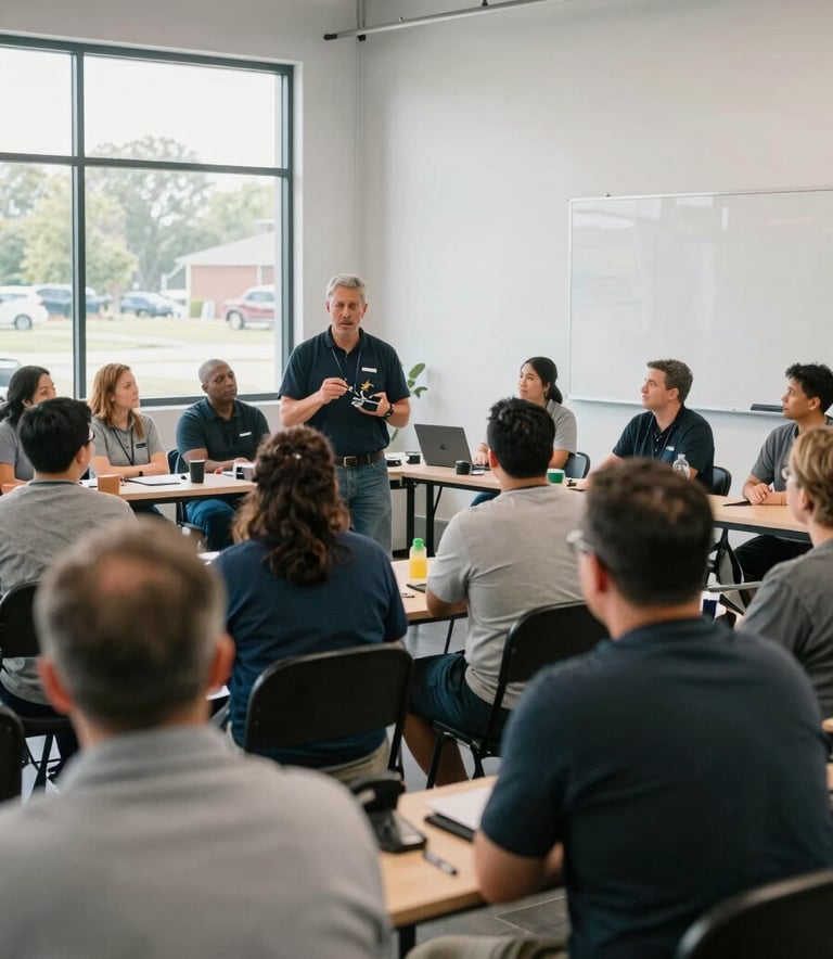 A high-quality photograph of a workforce development workshop in North Tulsa, Oklahoma. An instructor is demonstrating technical skills to an attentive group of adults in a bright, modern industrial space. The atmosphere is professional and focuses on progress and education.