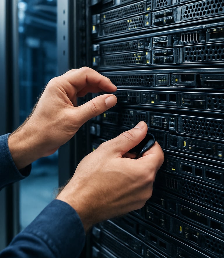 A close-up photograph of a professional technician's hands precisely configuring a server rack in a modern North American data center. The lighting is bright and clean with accents of light blue and navy, conveying a sense of high-tech reliability and expert care.