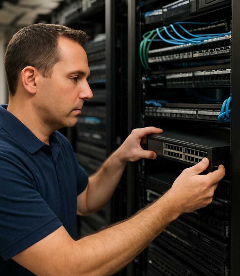 A technician in a professional polo shirt installing networking equipment in a clean, organized server room within a North American business facility.