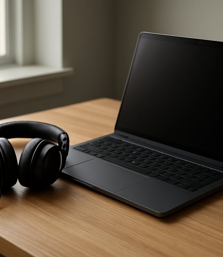 A high-performance laptop and professional headphones resting on a clean wooden desk in a modern North American home office, soft natural lighting from a nearby window.