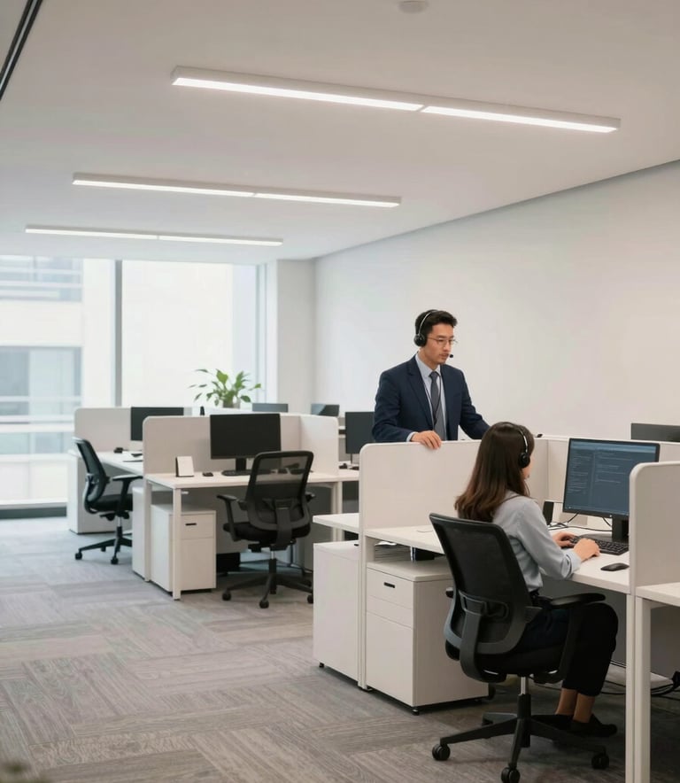 A wide-angle shot of a bright, modern North American office space. A tech support professional is seen in the background efficiently assisting a client at a workstation. The environment is clean and professional with off-white and navy color tones.