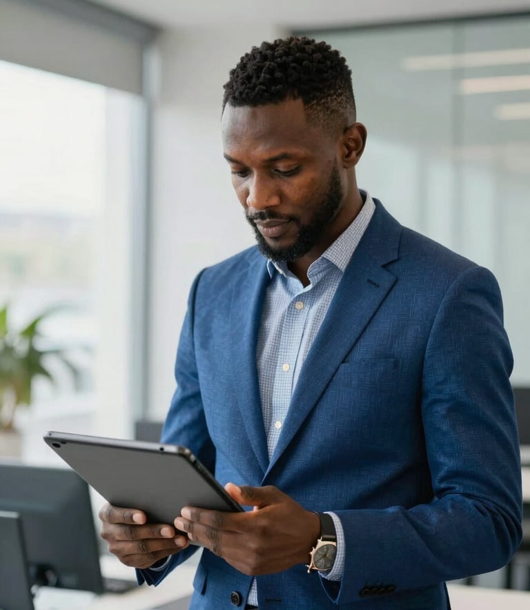 A West African / Nigerian professional in a sophisticated modern office, using a high-tech tablet for logistics and trade tracking. The setting is bright and professional with strong blue accents.
