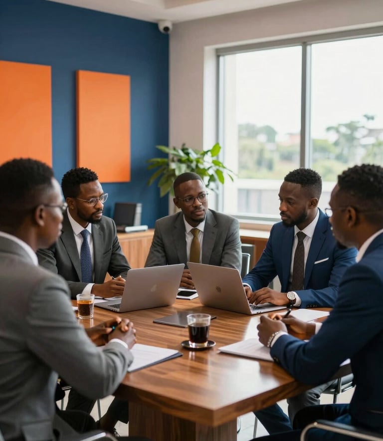 A sophisticated office interior in Lagos, Nigeria. A group of professional consultants in modern West African business attire are engaged in a strategic meeting around a polished wooden table. The room is filled with bright, natural light from large windows, with midnight blue and carrot orange accents in the professional decor.