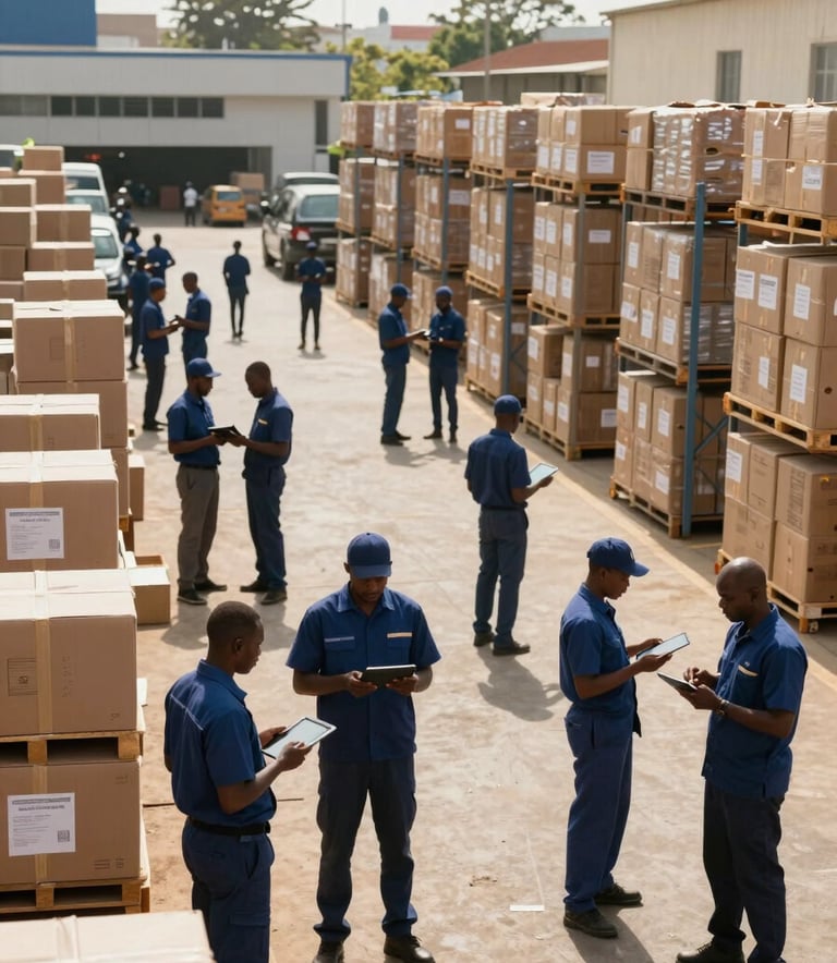 A wide-angle photography shot of a modern distribution hub in a bustling West African city. Professional staff in midnight blue uniforms are managing logistics using modern tablets. Sunlight illuminates the scene, highlighting efficiency and professional distribution standards.