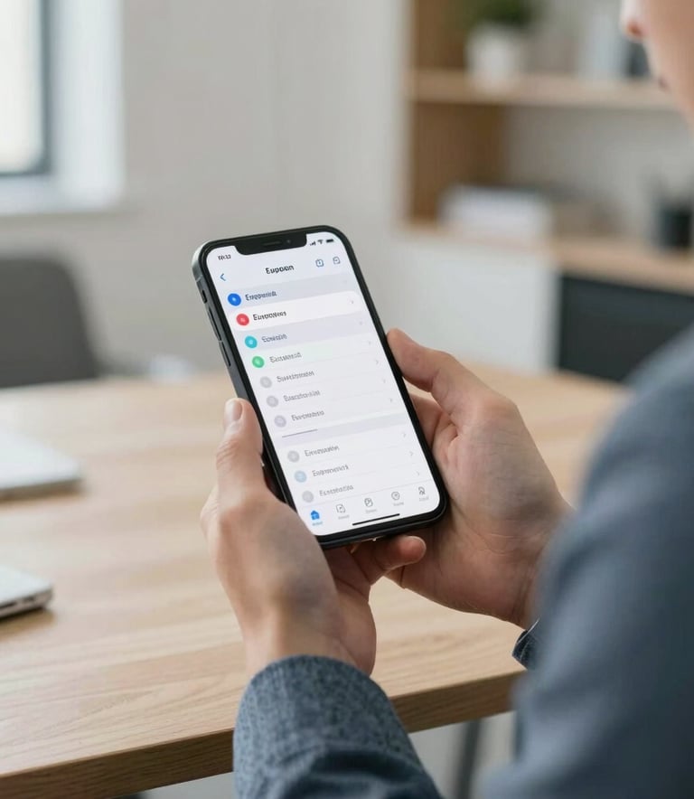 A close-up photograph of a professional in a slate grey blue suit holding a smartphone, the screen showing a clean and intuitive stock tracking application, set in a light-filled European office.