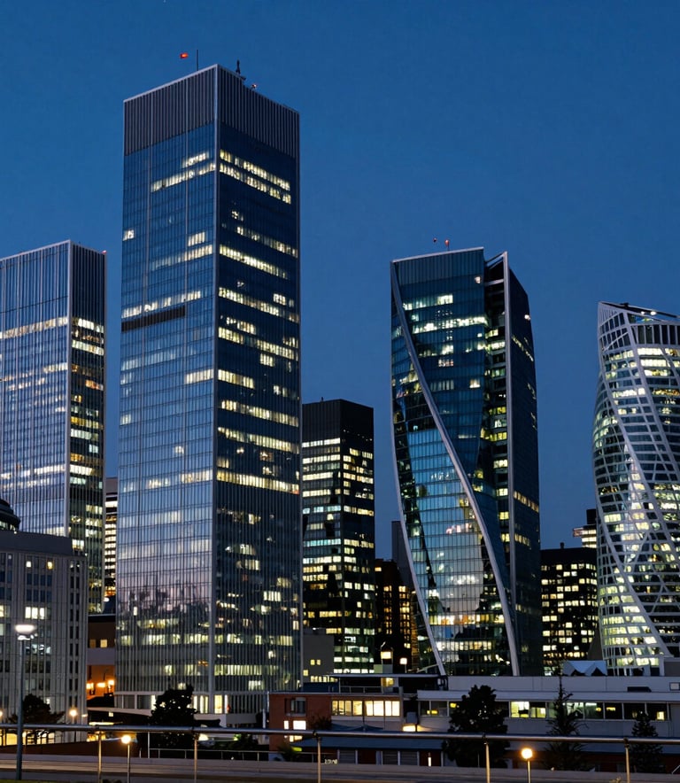 A night view of a modern European business district with sleek glass towers illuminating the skyline in Midnight Blue and Steel Blue tones, professional and calm atmosphere.
