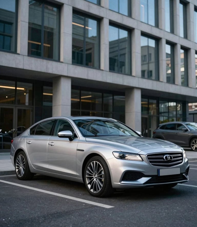 A sleek, silver executive sedan parked neatly in front of a modern European / British office building. The car is spotless, reflecting the slate blue sky, conveying a sense of professional and efficient taxi service.