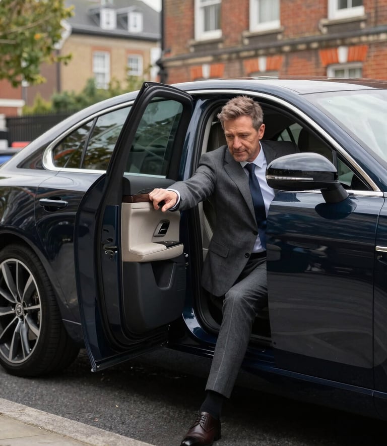 A professional driver in a charcoal grey suit holding open the door of a sleek, dark navy executive car parked on a clean suburban street in Wembley, London. European / British style, soft morning lighting, professional and welcoming atmosphere.