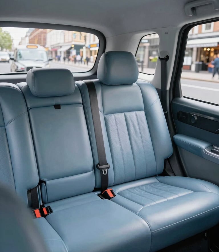 The interior of a high-quality taxi, showing clean, slate blue leather upholstery and ample legroom. The view through the window shows a blurred European / British city street. Bright, clean, and airy composition.
