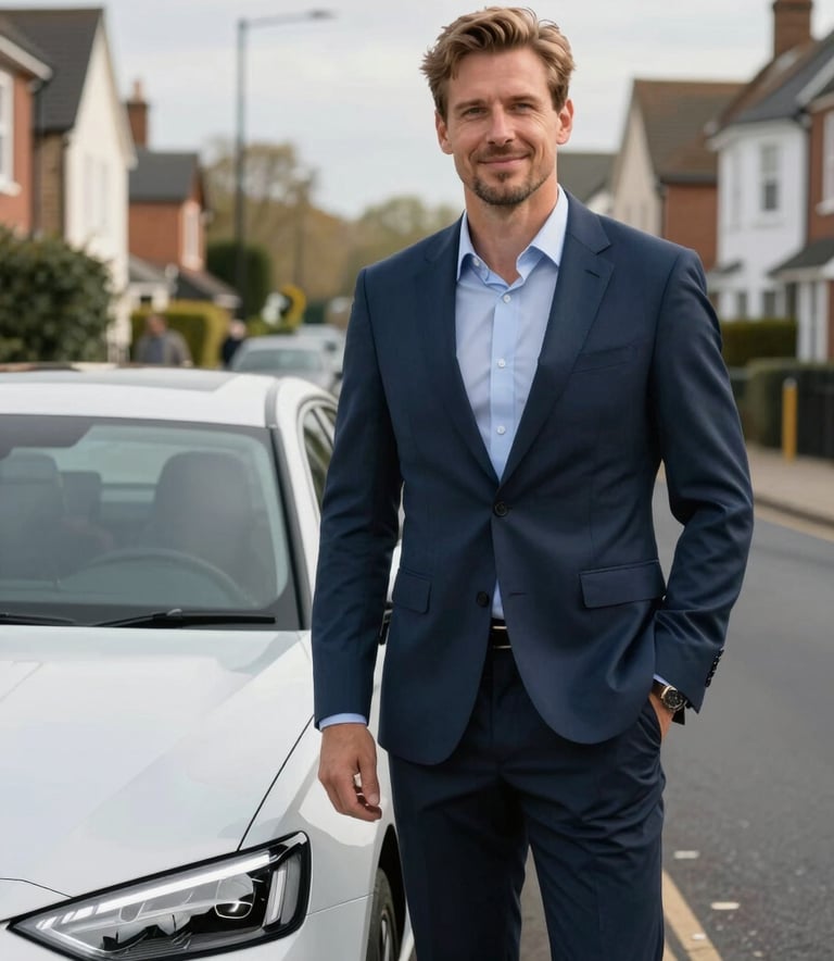 A professional European / British driver in a dark slate blue suit standing beside a clean, modern executive car with a friendly and reliable expression. The background shows a quiet suburban Wembley street under soft, bright daylight.