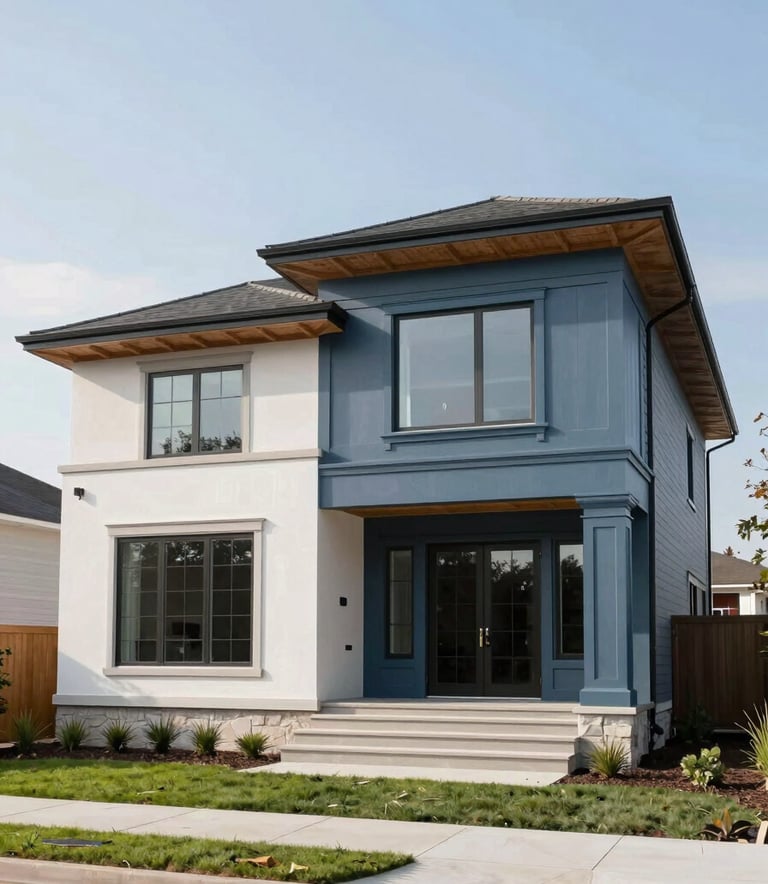 Architectural photography of a contemporary North American luxury home exterior during a final remodeling phase. The house features Muted Blue exterior accents and large windows. The setting is a clean, landscaped suburban lot under a clear, bright sky, emphasizing sophisticated design and structural integrity.