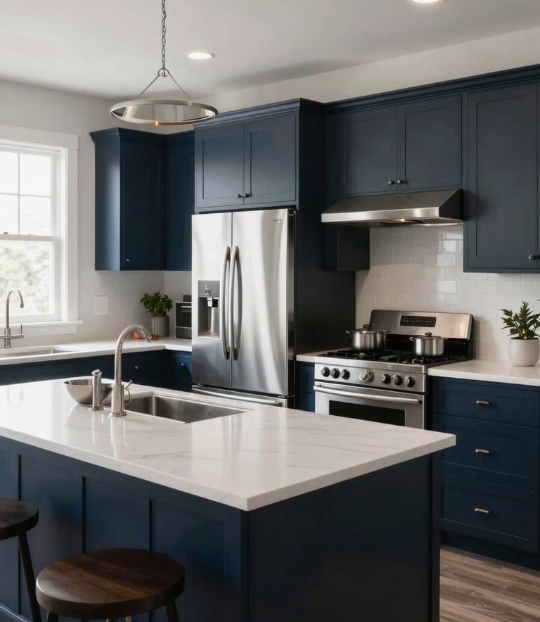 A wide shot of a modern, open-concept North American / US kitchen remodel with high-end stainless steel appliances, dark navy blue cabinetry, and white quartz countertops, bright natural lighting, sharp professional photography.